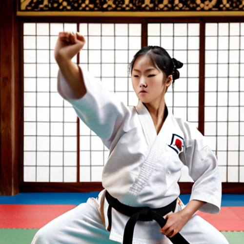 Home 23 **Image Prompt:** A focused Taekwondo student practicing perfect form Poomsae in a traditional Dojang. Highlighting balance, precision, and power. Dynamic lighting and clear demonstration of correct technique.