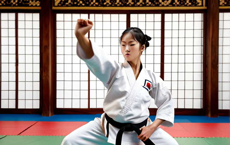**Image Prompt:** A focused Taekwondo student practicing perfect form Poomsae in a traditional Dojang. Highlighting balance, precision, and power. Dynamic lighting and clear demonstration of correct technique.