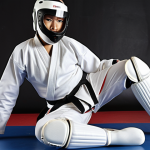 ** Taekwondo athlete wearing full protective gear (helmet, mouthguard, chest guard, shin guards, groin guard) demonstrating a proper kicking technique. Focus on safety and correct form.

**