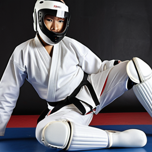Home 22 ** Taekwondo athlete wearing full protective gear (helmet, mouthguard, chest guard, shin guards, groin guard) demonstrating a proper kicking technique. Focus on safety and correct form.
**