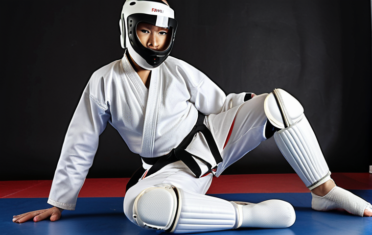 ** Taekwondo athlete wearing full protective gear (helmet, mouthguard, chest guard, shin guards, groin guard) demonstrating a proper kicking technique. Focus on safety and correct form.
**