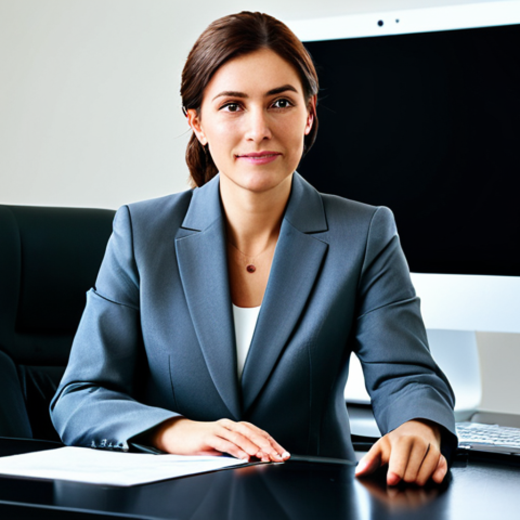 **

"A professional businesswoman in a modest business suit, sitting at a desk in a modern office, fully clothed, appropriate attire, safe for work, perfect anatomy, natural proportions, professional photography, high quality"

**
