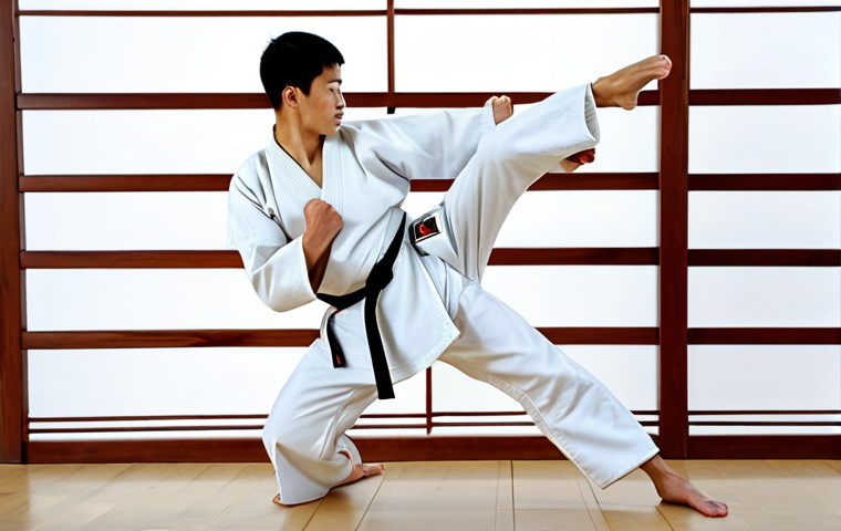 태권도 호신술 배우기 - **Image Prompt:** A Taekwondo student in a clean white dobok (uniform), practicing a front kick with...