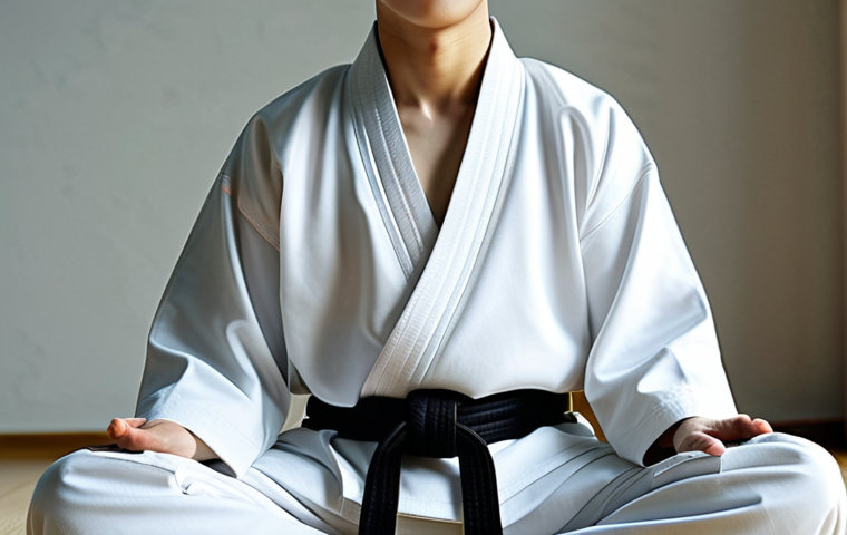 태권도 심리 훈련 가이드 - A Taekwondo athlete in a fully clothed dobok, meditating peacefully in a serene dojang. Soft, natura...