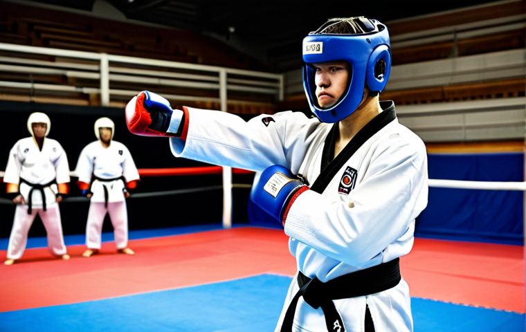 태권도 심리 훈련 가이드 - A Taekwondo athlete in a fully clothed dobok, meditating peacefully in a serene dojang. Soft, natura...