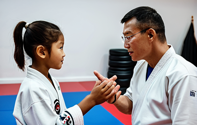 태권도 심리 훈련 가이드 - A determined Taekwondo practitioner, fully clothed in sparring gear, visualizing success before a co...
