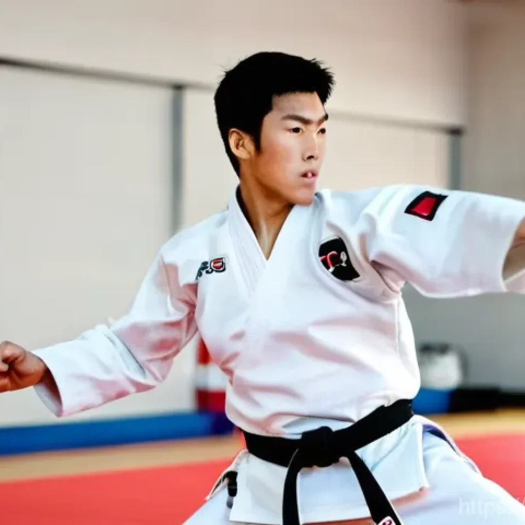 태권도 경기 전략 수립 - **Prompt:** A dynamic, high-resolution action shot of a male Taekwondo practitioner, in his early tw...