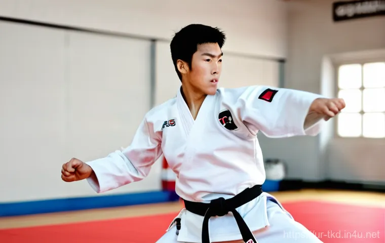 태권도 경기 전략 수립 - **Prompt:** A dynamic, high-resolution action shot of a male Taekwondo practitioner, in his early tw...