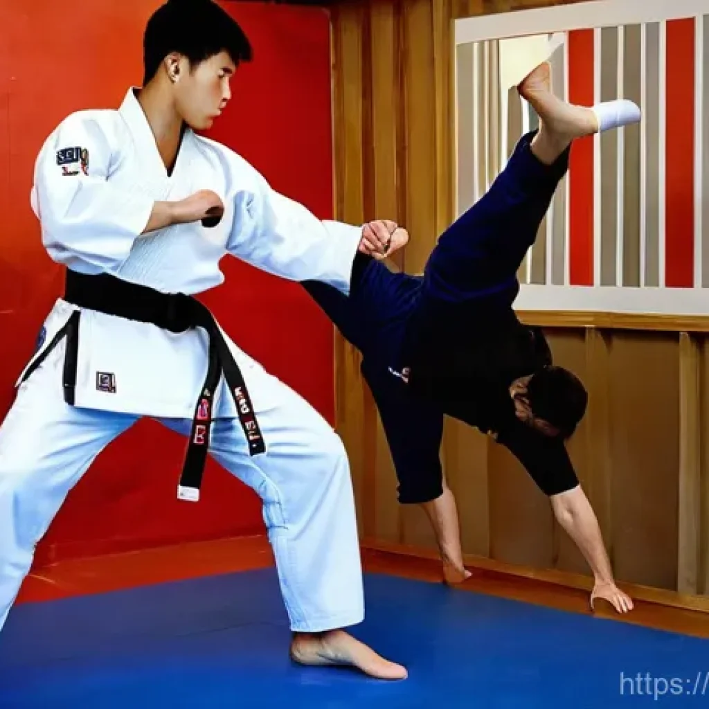 태권도 동작별 소모 칼로리 - **Prompt:** A dynamic full-body shot of a male Taekwondo practitioner, in his late teens or early tw...