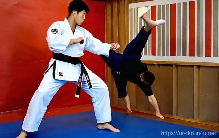 태권도 동작별 소모 칼로리 - **Prompt:** A dynamic full-body shot of a male Taekwondo practitioner, in his late teens or early tw...