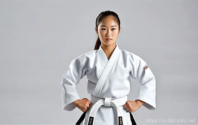 태권도 여성 보호대 구매 팁 - **Prompt:** A strong and confident female Taekwondo practitioner, mid-20s, standing in a ready stanc...