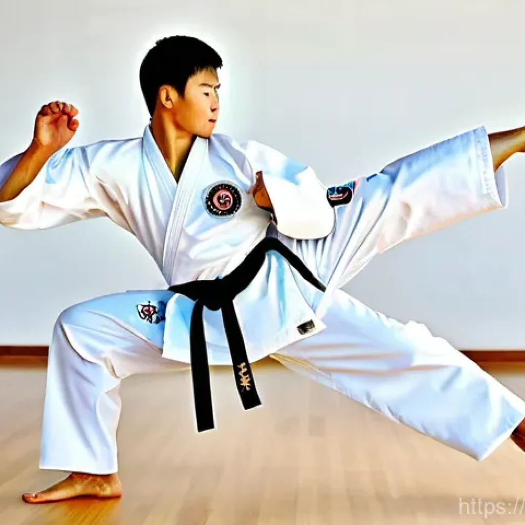 태권도 남성 훈련 팁 - Dynamic Taekwondo Kick**
"A male Taekwondo practitioner, in peak physical condition, captured mid-a...
