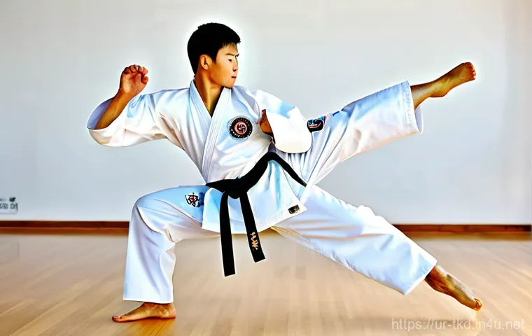 태권도 남성 훈련 팁 - Dynamic Taekwondo Kick**
"A male Taekwondo practitioner, in peak physical condition, captured mid-a...