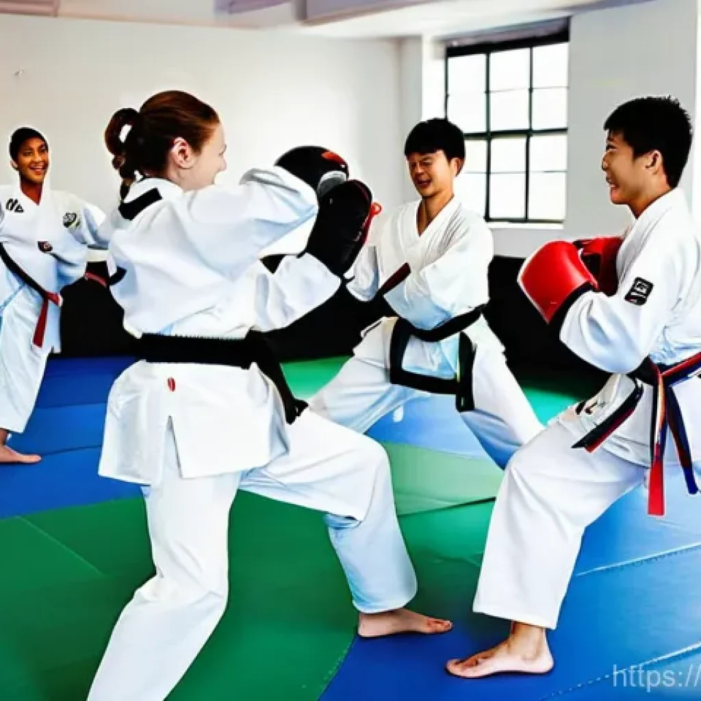 태권도 훈련 일정을 지키는 비법 - **Prompt:** A vibrant, dynamic image capturing the joy and challenge of Taekwondo training. The scen...