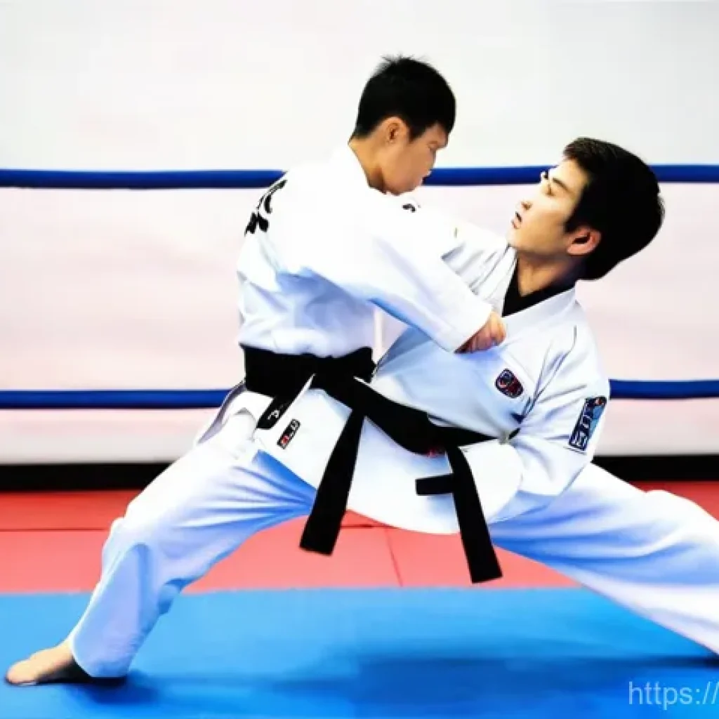 태권도 품새 시연 팁 - **Dynamic Poomsae Execution, Full of Intent**
"A full-body shot of a male Taekwondo practitioner...