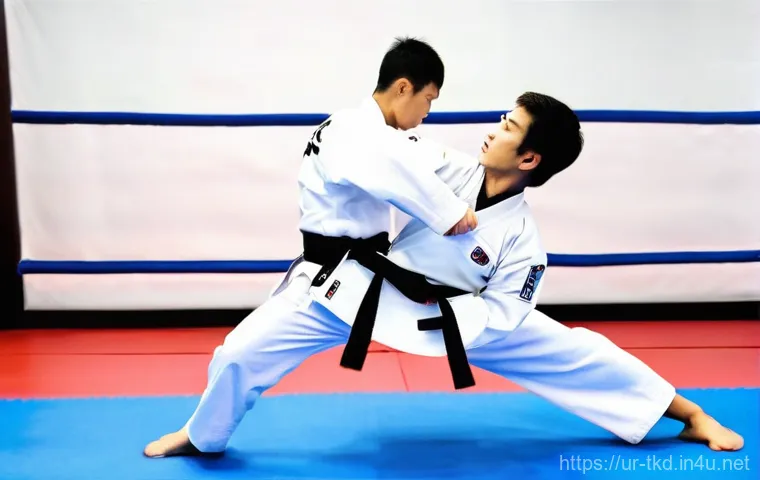 태권도 품새 시연 팁 - **Dynamic Poomsae Execution, Full of Intent**
    "A full-body shot of a male Taekwondo practitioner...