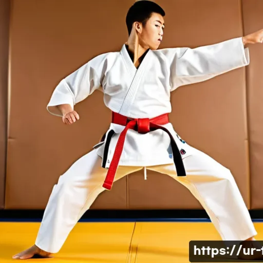 태권도와 기타 무술의 융합 가능성 - Dynamic Fusion: Taekwondo and Karate Combined**
A vibrant, action-shot depicting a male martial art...