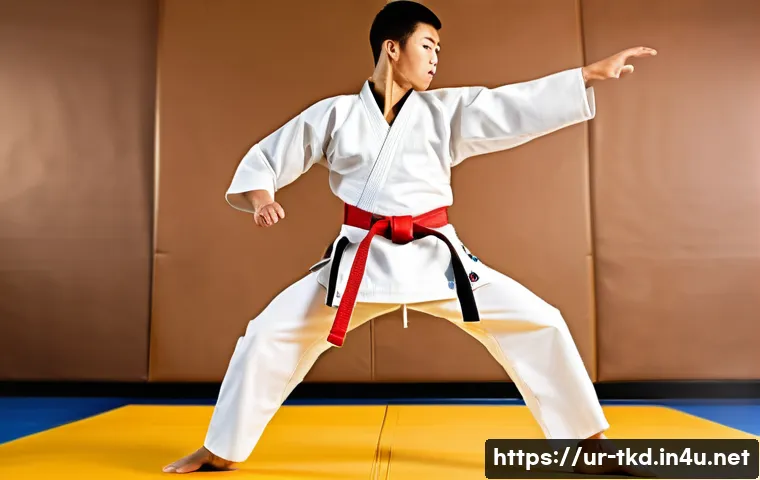 태권도와 기타 무술의 융합 가능성 - Dynamic Fusion: Taekwondo and Karate Combined**
A vibrant, action-shot depicting a male martial art...