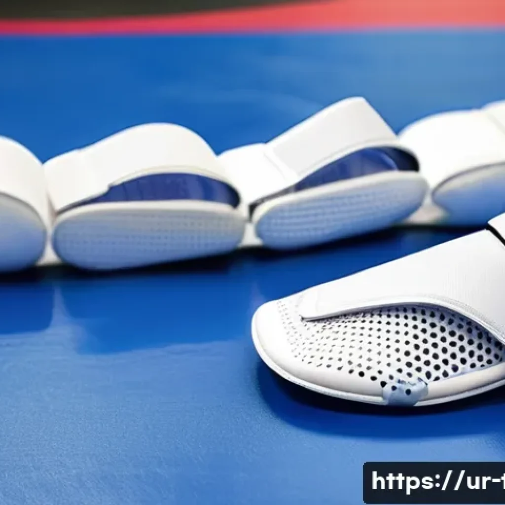 태권도 발 보호대 구매 가이드 - A detailed close-up of a Taekwondo foot protector designed for the humid climate of Pakistan, featur...