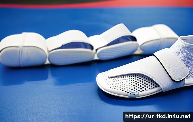 태권도 발 보호대 구매 가이드 - A detailed close-up of a Taekwondo foot protector designed for the humid climate of Pakistan, featur...