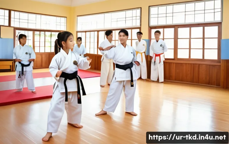 태권도 동호회 가입 장점 - A diverse group of people practicing Taekwondo in a bright, spacious dojo adorned with traditional K...
