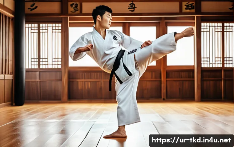 태권도와 다른 무술의 차이 - A dynamic Taekwondo athlete executing a high spinning kick in mid-air inside a traditional Korean do...