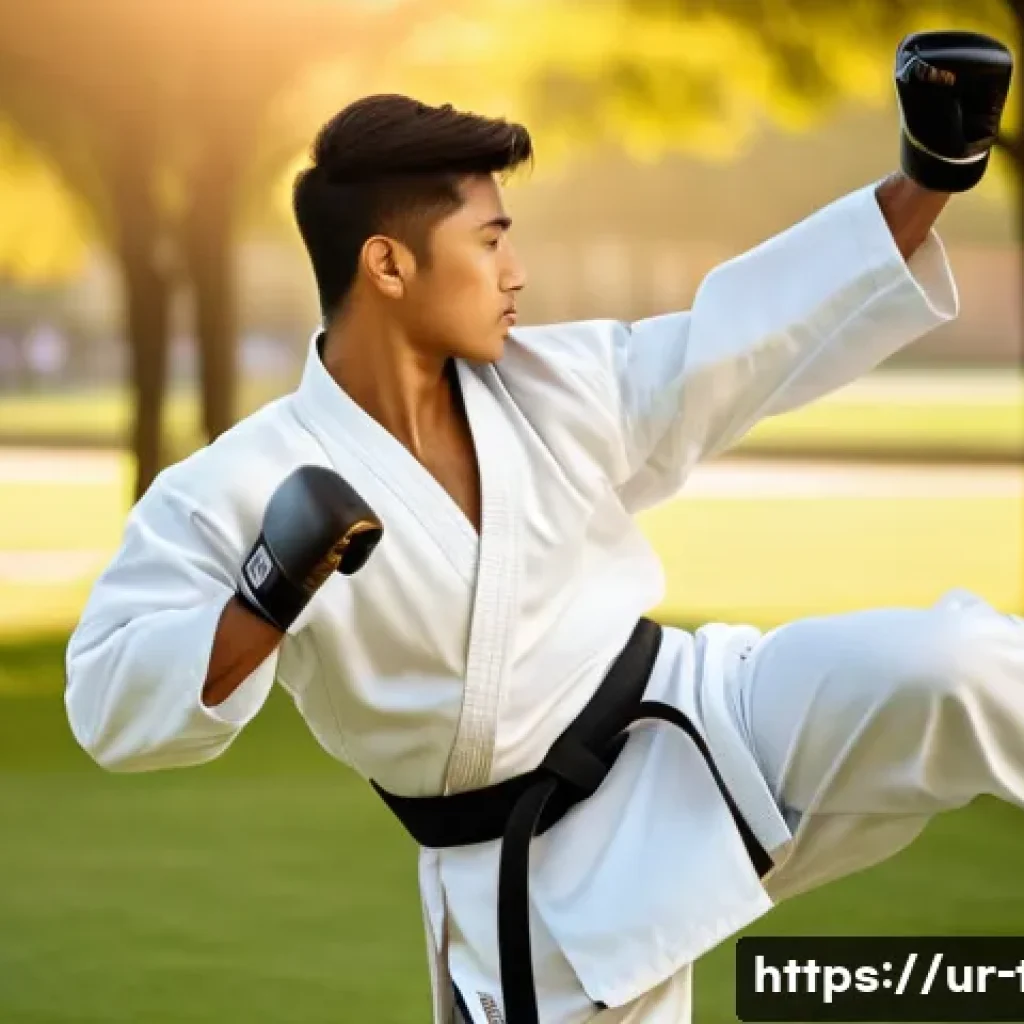 태권도 발차기 연습 방법 - A young South Asian male practicing Taekwondo kicks outdoors in a vibrant park setting during golden...