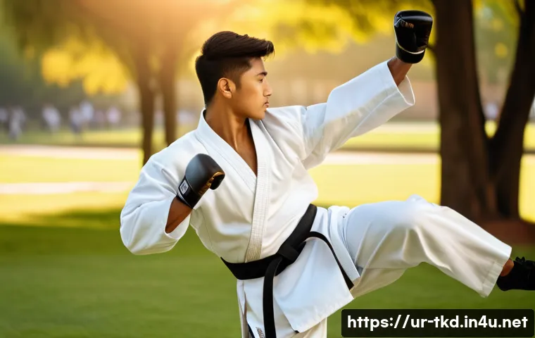 태권도 발차기 연습 방법 - A young South Asian male practicing Taekwondo kicks outdoors in a vibrant park setting during golden...