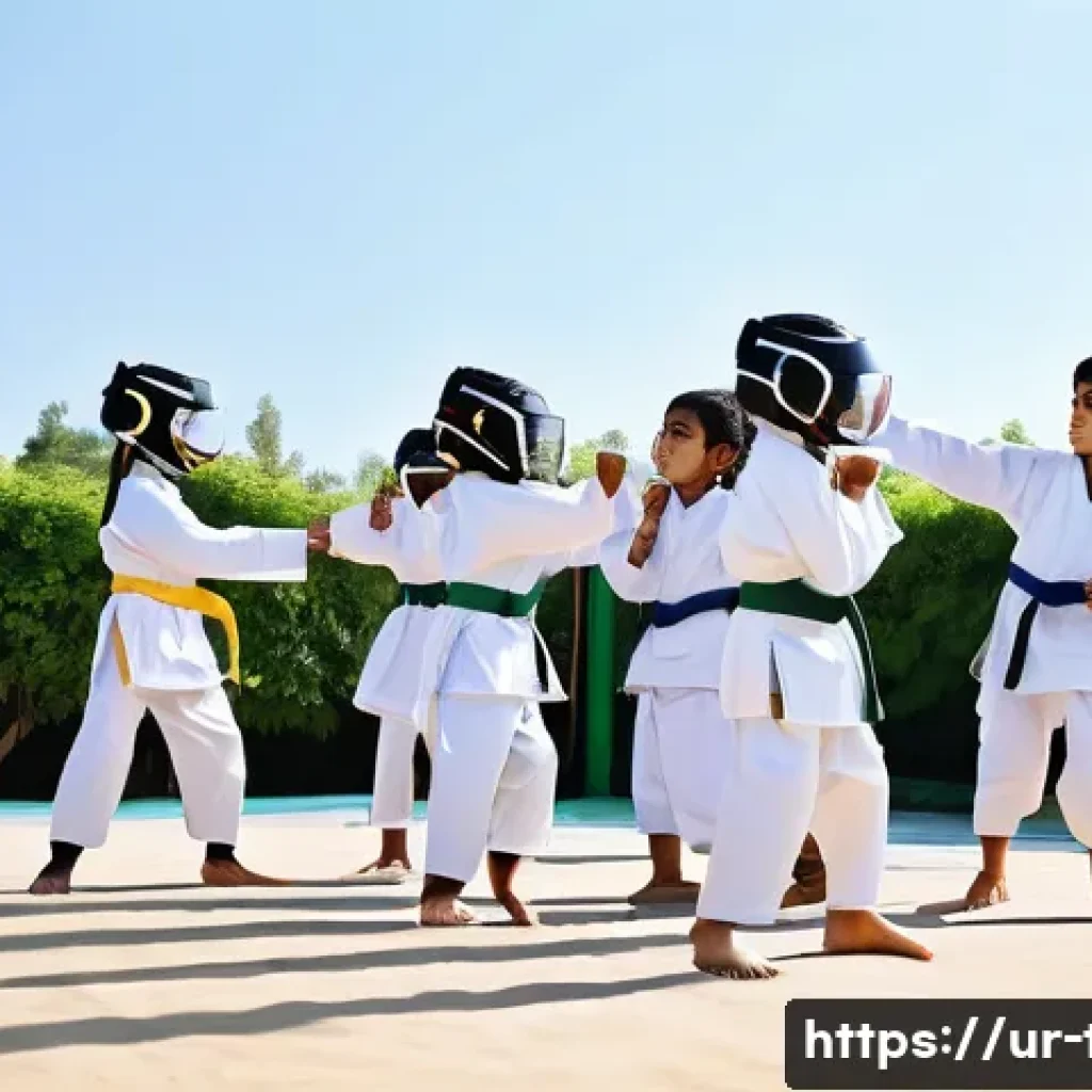 태권도 여름 캠프 소개 - A vibrant scene of a Taekwondo camp in Pakistan featuring children aged 7-12 wearing traditional whi...