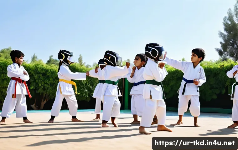 태권도 여름 캠프 소개 - A vibrant scene of a Taekwondo camp in Pakistan featuring children aged 7-12 wearing traditional whi...
