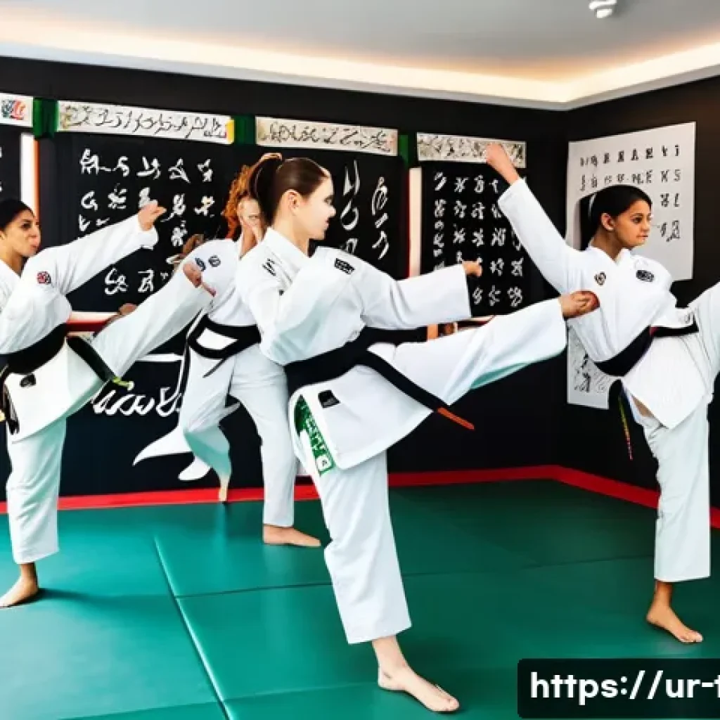 태권도 마케팅 전략 - A dynamic scene of a diverse group of Taekwondo students practicing in a modern martial arts studio,...