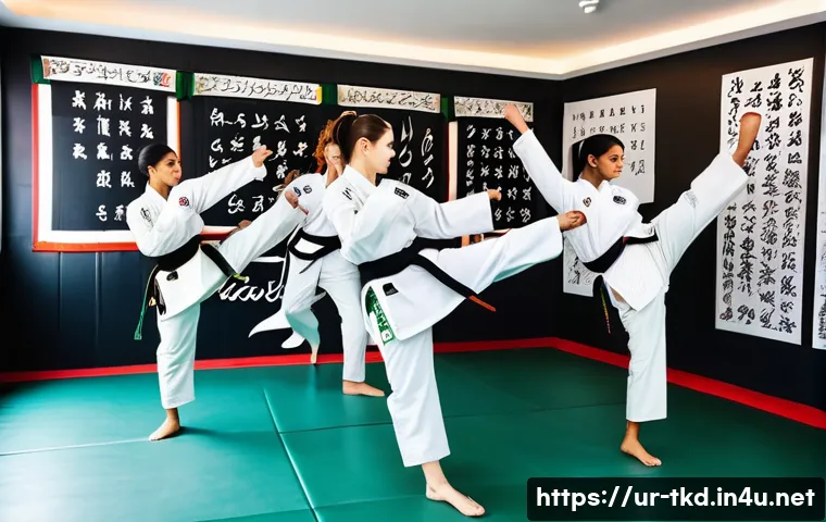 태권도 마케팅 전략 - A dynamic scene of a diverse group of Taekwondo students practicing in a modern martial arts studio,...
