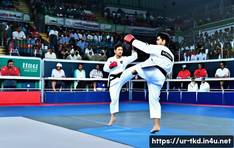 태권도 대회 중계 리뷰 - A dynamic scene of a live Taekwondo competition broadcast in a large indoor sports arena in Pakistan...