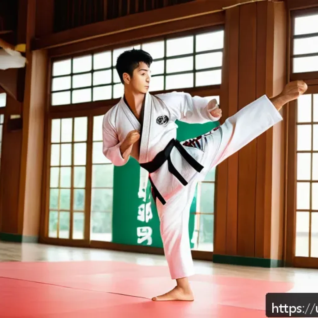 태권도 스트레칭 필수 동작 - A dynamic Taekwondo training scene in a spacious, well-lit gym decorated with traditional Korean ele...