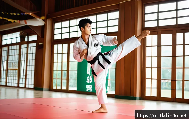 태권도 스트레칭 필수 동작 - A dynamic Taekwondo training scene in a spacious, well-lit gym decorated with traditional Korean ele...