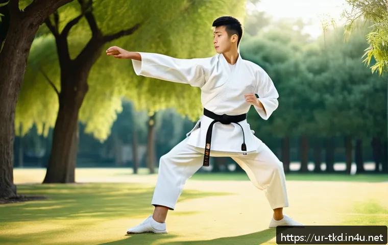 태권도 트레이닝 효과 극대화 - A focused young male Taekwondo practitioner performing a high kick in a traditional white dobok with...