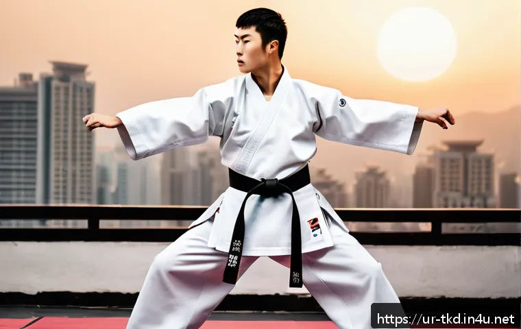 태권도와 한류의 연결점 - A powerful scene depicting a skilled Taekwondo practitioner in traditional white dobok with a black ...