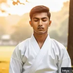 Home 22 태권도 수련 중 집중력 향상법 - A focused young South Asian male Taekwondo practitioner in traditional white dobok with a belt, prac...