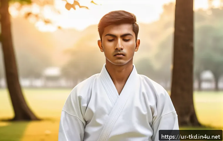 태권도 수련 중 집중력 향상법 - A focused young South Asian male Taekwondo practitioner in traditional white dobok with a belt, prac...