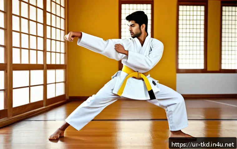 태권도 기초 학습 방법 - A dynamic scene of a young Pakistani Taekwondo practitioner in a clean, spacious dojo wearing a trad...