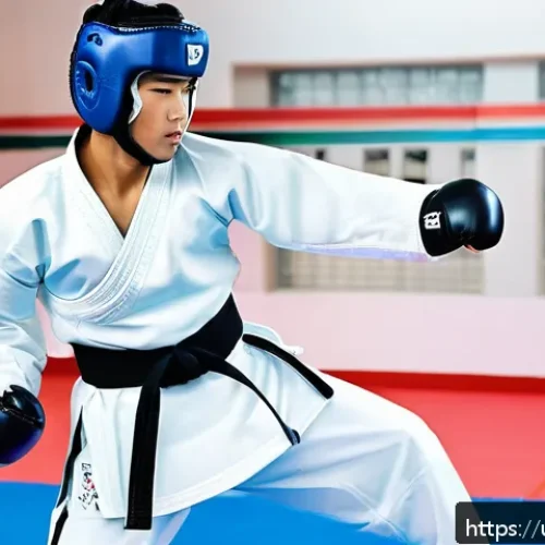 Home 32 태권도 훈련 필수 장비 - A young male Taekwondo athlete wearing a light blue helmet with soft inner padding, a transparent fu...