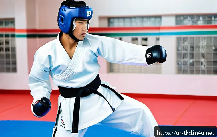 태권도 훈련 필수 장비 - A young male Taekwondo athlete wearing a light blue helmet with soft inner padding, a transparent fu...