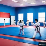 Home 19 태권도 미트 사용법 - A modern Taekwondo training gym with an interlocking foam mat floor, brightly lit and spacious, feat...