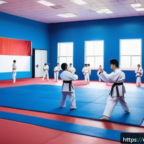 Home 31 태권도 미트 사용법 - A modern Taekwondo training gym with an interlocking foam mat floor, brightly lit and spacious, feat...