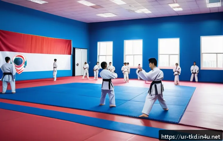 태권도 미트 사용법 - A modern Taekwondo training gym with an interlocking foam mat floor, brightly lit and spacious, feat...