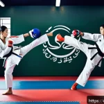 Home 18 태권도 도장에서의 생활 - A dynamic scene of a male and female Taekwondo practitioners training in a bright, modern dojo decor...