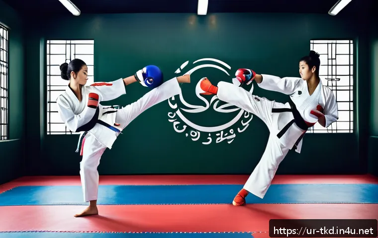 태권도 도장에서의 생활 - A dynamic scene of a male and female Taekwondo practitioners training in a bright, modern dojo decor...