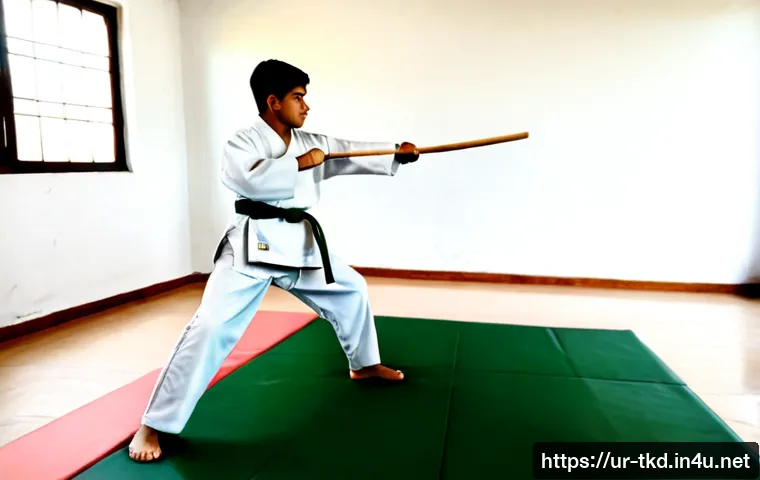 태권도 무기술 배우기 - Photorealistic martial arts training scene in a clean Lahore community dojo, Pakistani teenage boy i...